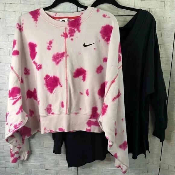 2 Nike Pink Tie Dye Crop Sweatshirt Women’s black V-neck in excellent condition - Picture 1 of 6